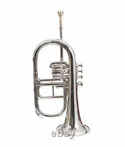 NICKEL PLATED Bb FLAT 4 VALVE FLUGEL HORN +FREE HARD CASE+MOUTHIPICE