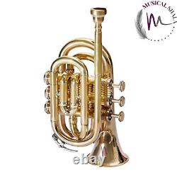 Pocket Trumpet Bb 3 Valve's Shining Brass Finish With Mouthpiece, Case, Gloves
