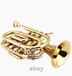 Pocket Trumpet Brass Bb Gold Lacquer Mini Trumpet with Mouthpiece