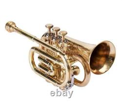 Pocket Trumpet Brass Gold Bb Pitch Tune Brass Made With Hard Case & Mouthpiece
